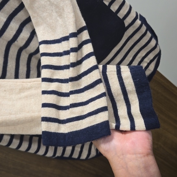 TORY BURCH-Odessa Pullover Sweater Stripe Long Sleeve Tan Navy Blue-Size Medium - Picture 8 of 17